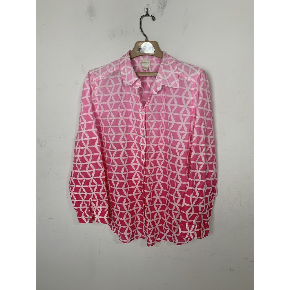 Chicos Womens Shirt 3 XL Pink Beachy Preppy Ombre Travel Cruise Summer - Picture 2 of 9
